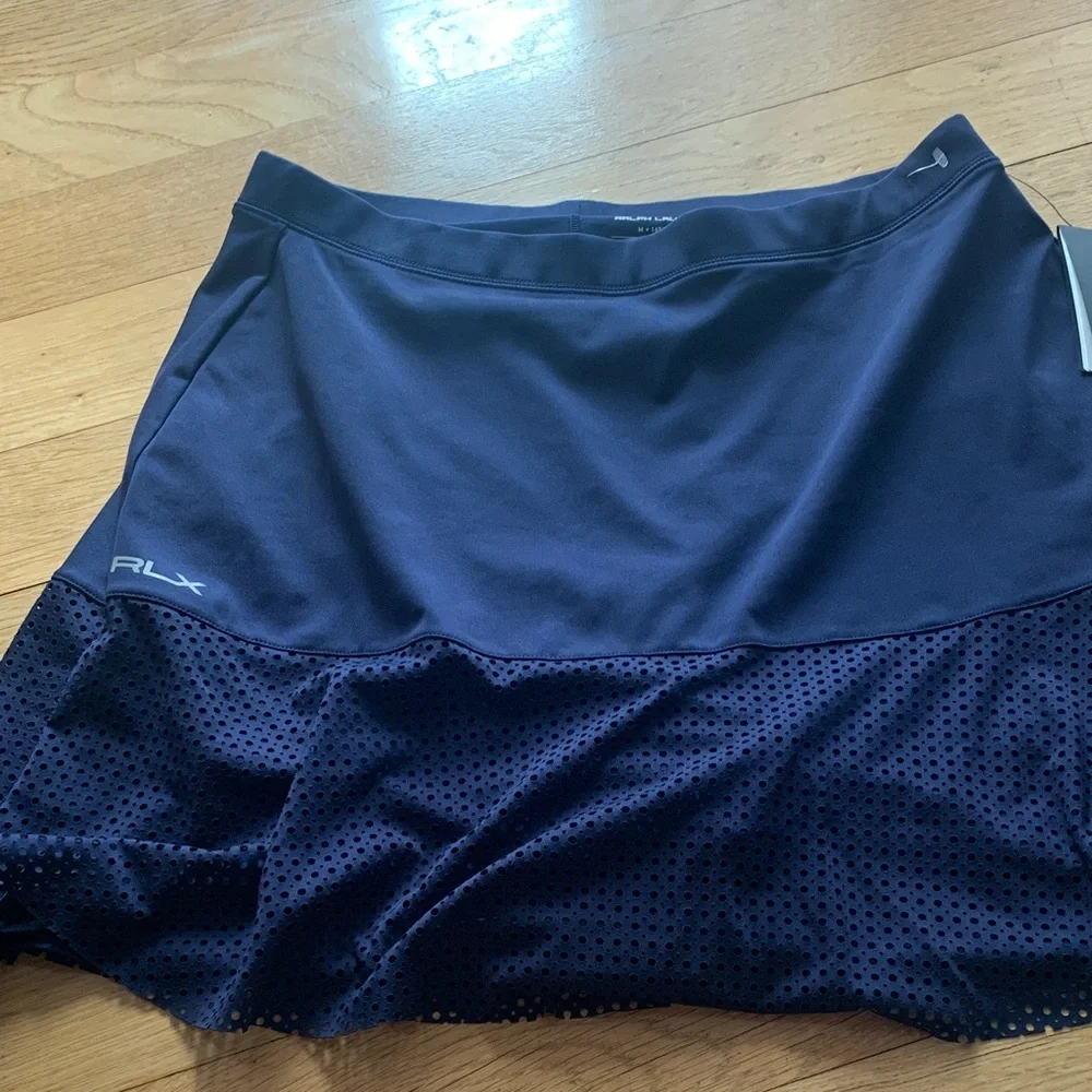 RLX Ralph Lauren Navy Blue Ayelet Panel 17”A-Line Skort Skirt. - Picture 3 of 9
